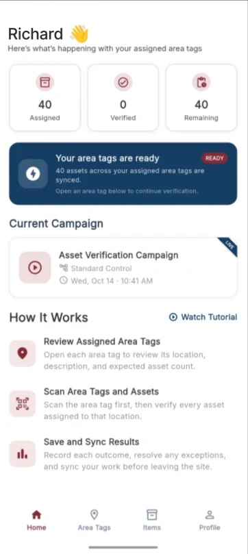 The ASSETKOUNT mobile app home screen with assigned, verified and remaining assets