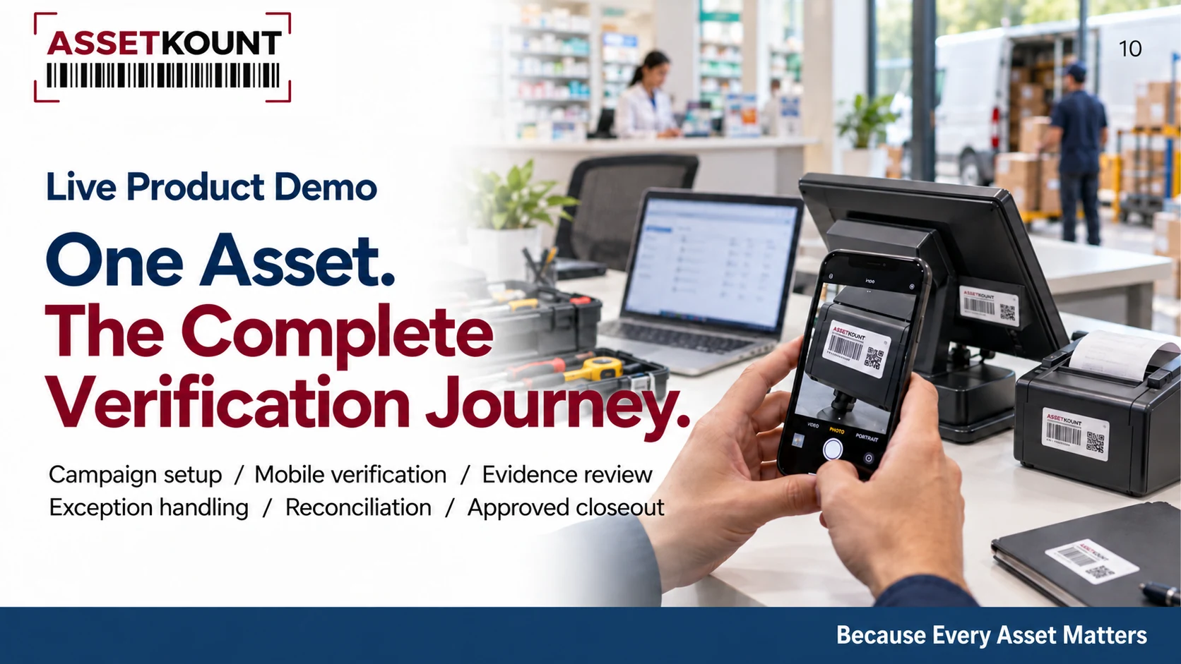 A smartphone and laptop show the connection between a tagged physical asset and its verification record