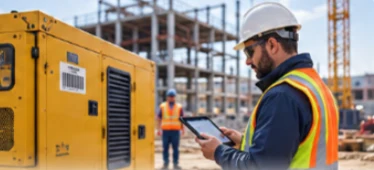 A site worker checks a generator on a construction site with a tablet