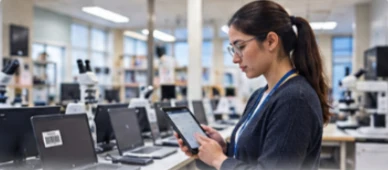 A staff member verifies laptops in a campus computer lab
