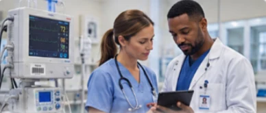 Clinicians review medical equipment records on a tablet