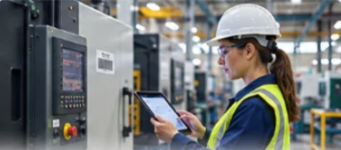 An engineer checks plant machinery on a factory floor with a tablet