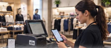 A store associate scans a point of sale terminal in a retail store