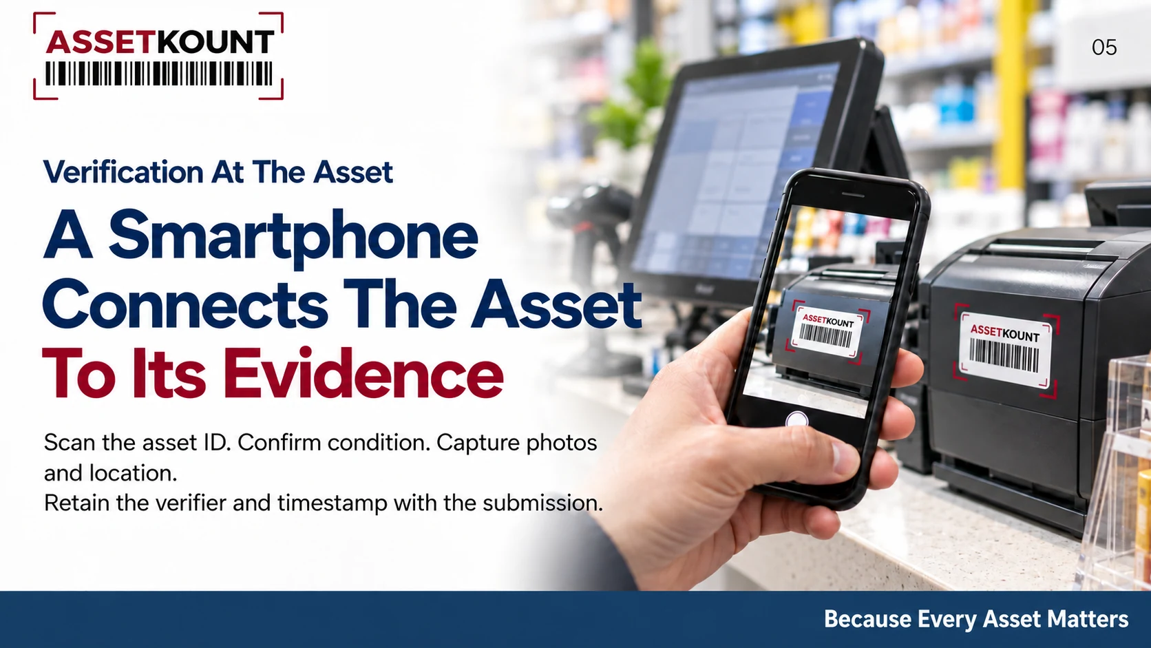A smartphone captures the asset tag on a point of sale printer