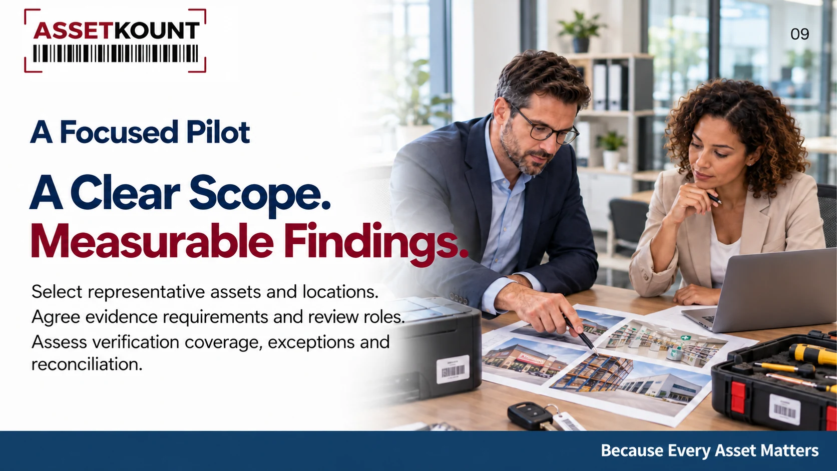 A customer and project lead plan a focused verification pilot using asset records and location photographs