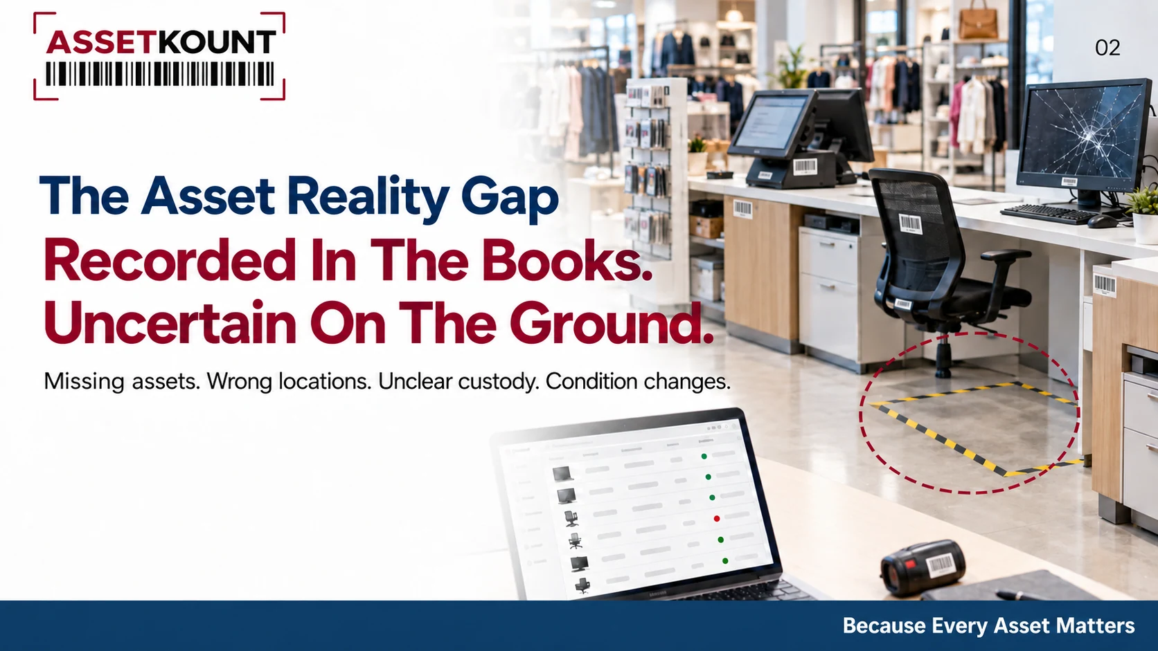 An asset register alongside a workplace with a missing asset and damaged equipment